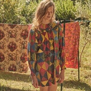 Doen Adalina Cotton Collar Ruffle Button Long Sleeve Mini Dress Patchwork Quilt